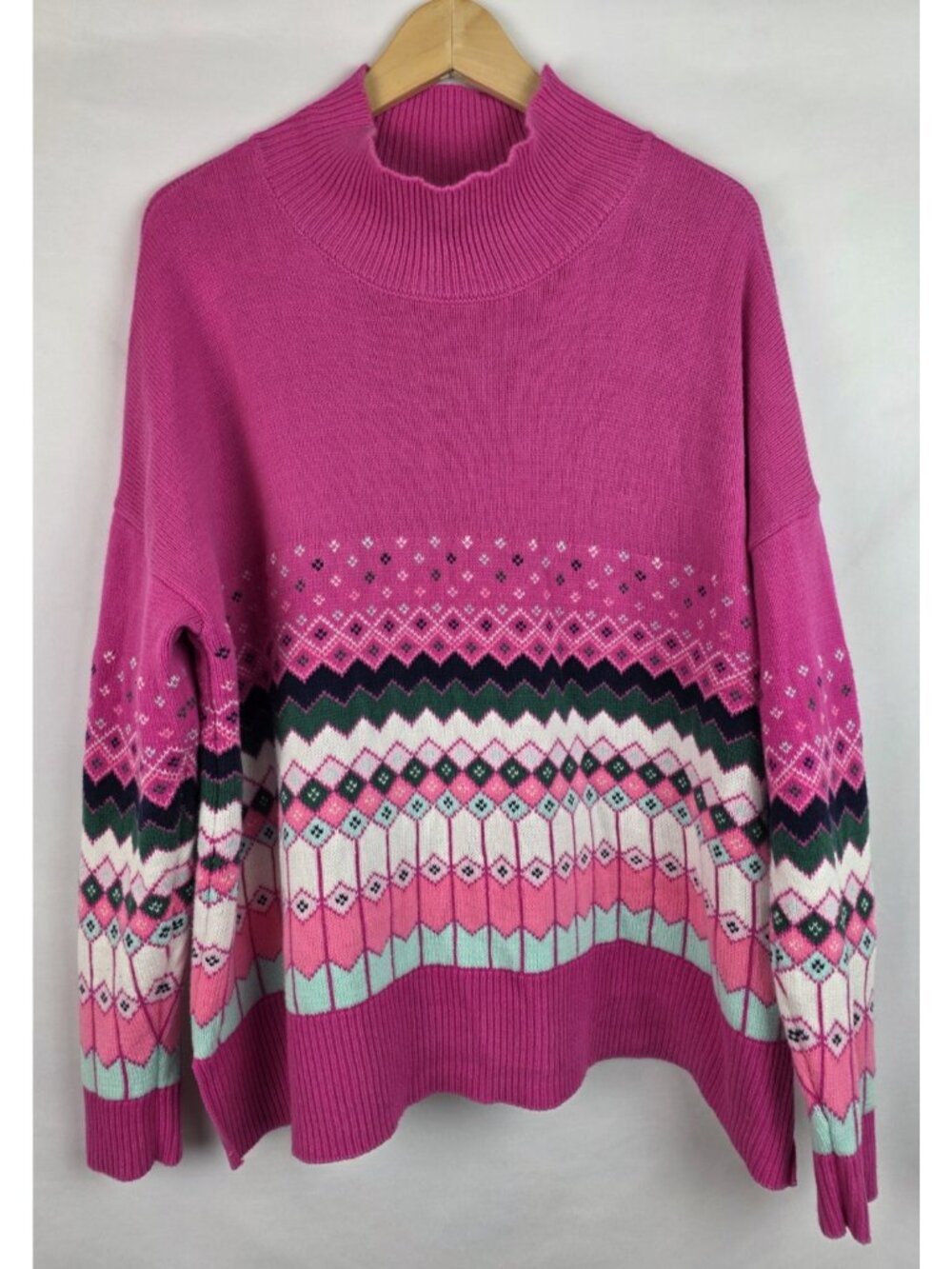 Crown & Ivy Sweater Womens Size XL Pink Fair Isle Mock Neck Knit Long Sleeve Top